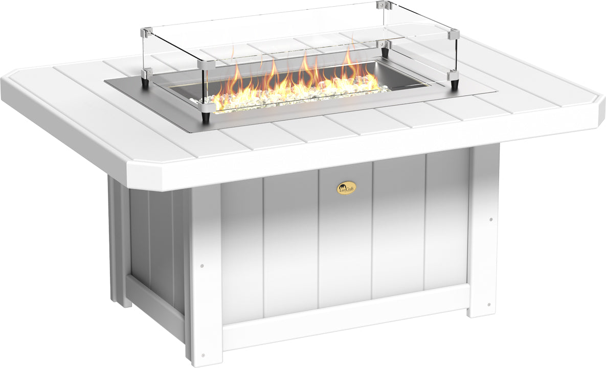 LuxCraft Lumin 51" Rectangular Fire Pit Table in white with a tempered glass wind guard and flickering flames.
