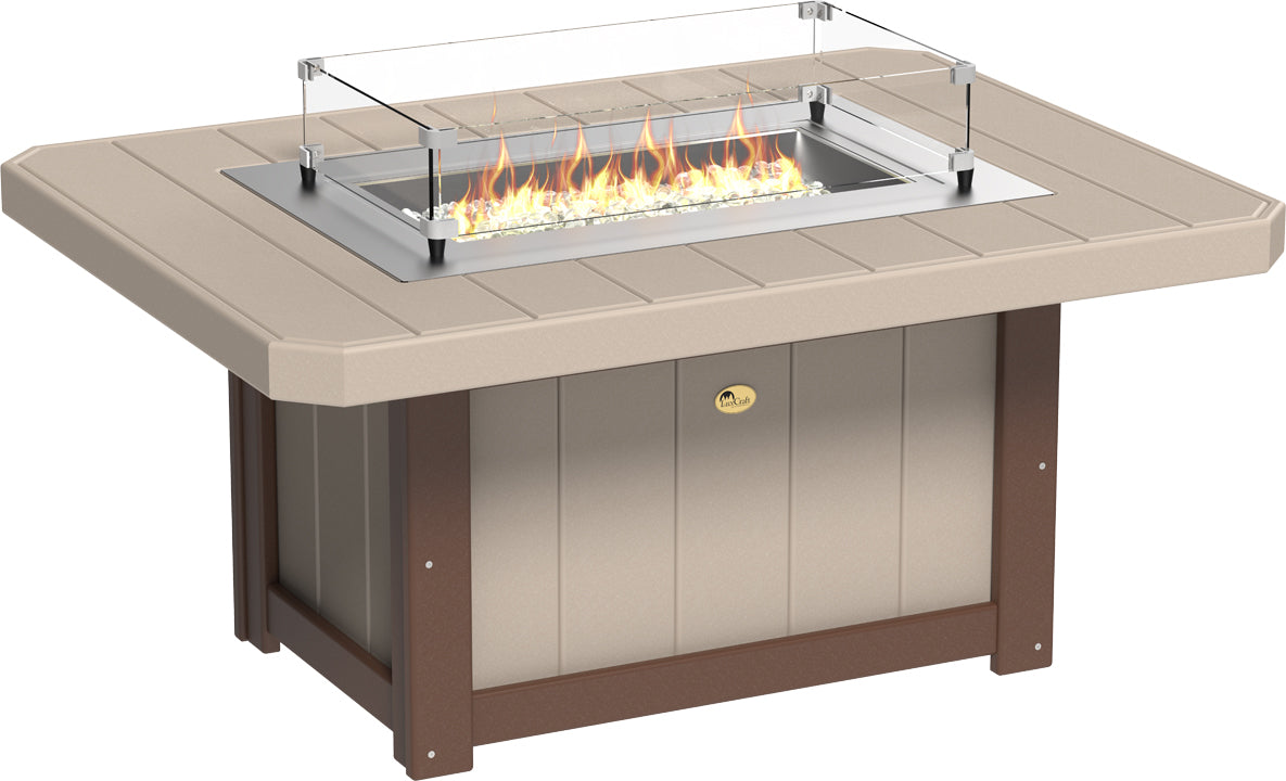 Rectangular fire pit table with a beige top, brown base, stainless steel burner, and glass wind guard, featuring radiant flames.