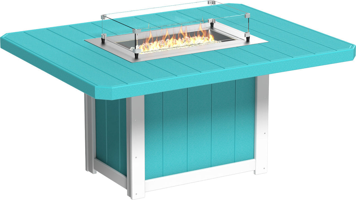 Rectangular fire table in vibrant turquoise with a stainless steel burner and tempered glass wind guard, designed for outdoor dining.