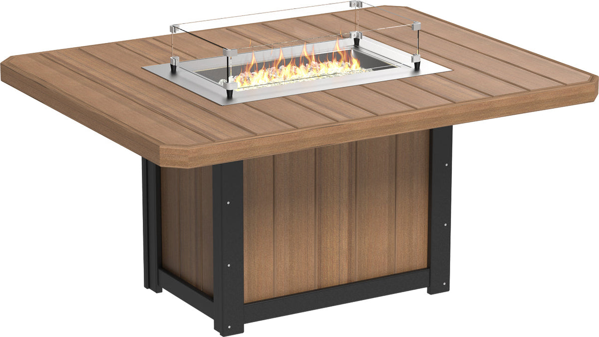 LuxCraft Lumin 62" rectangular dining height fire table with a sturdy poly lumber top and stainless steel burner.