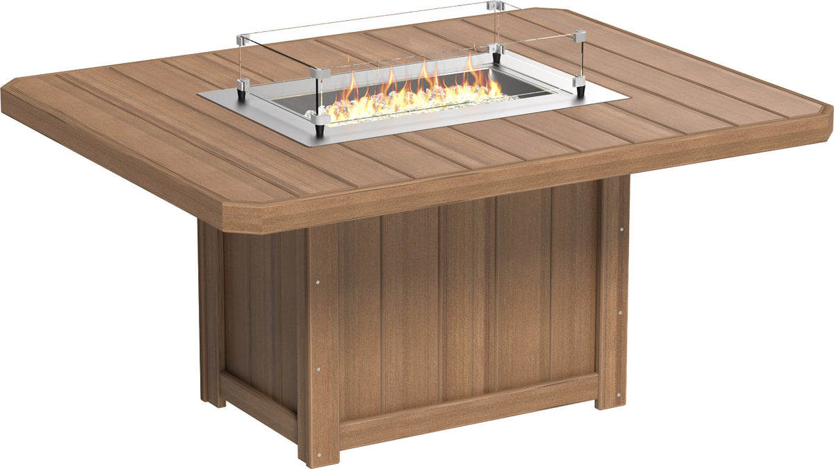 Rectangular fire table in brown HDPE poly lumber with a stainless steel burner, featuring a glass wind guard.