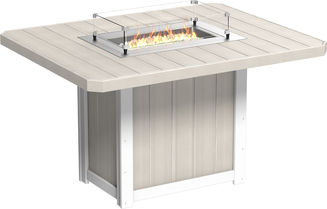 Rectangular fire table with a beige HDPE surface, stainless steel burner, and tempered glass wind guard.