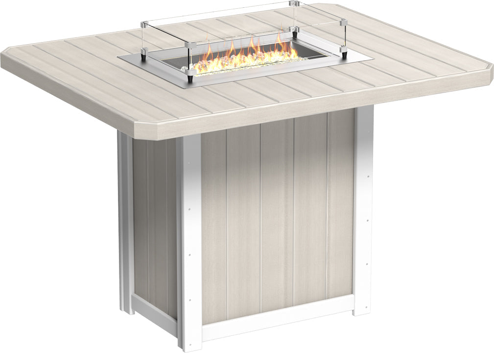 Bar-height rectangular fire table with a durable beige HDPE surface, stainless steel burner, and tempered glass wind guard.