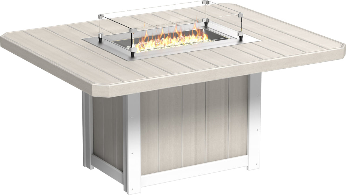Rectangular fire table with a light beige HDPE surface and stainless steel burner, featuring a glass wind guard and fire glass.