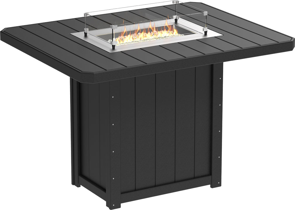LuxCraft Lumin 62" rectangular bar height fire table in black with a glass wind guard and fire glass gems.