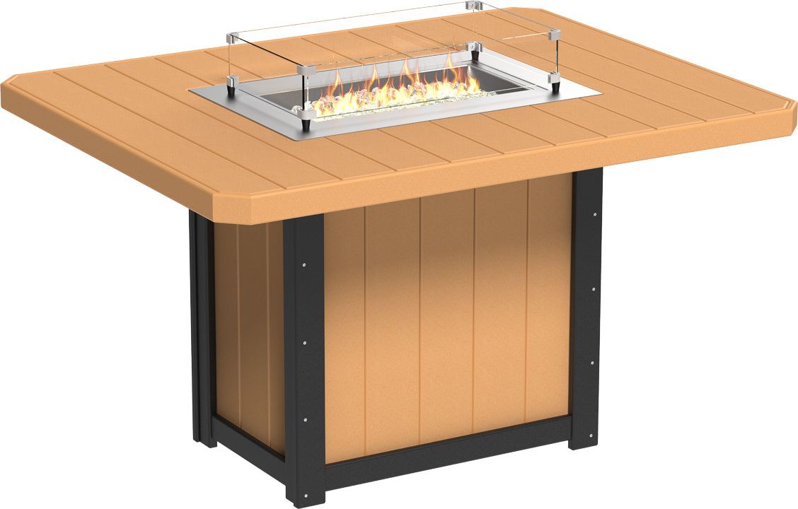 LuxCraft Lumin 62" rectangular counter height fire table with a tan HDPE top, stainless steel burner, and glass wind guard.