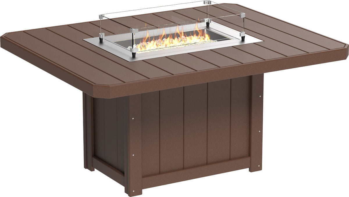 Rectangular brown fire table with a glass wind guard and stainless steel burner, designed for outdoor dining at 30" height.