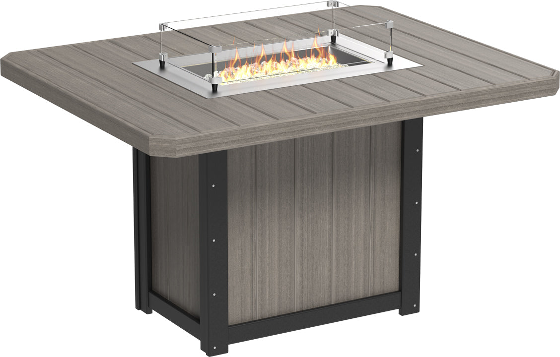 Rectangular fire table in gray HDPE with stainless steel burner and glass wind guard, designed for outdoor use.