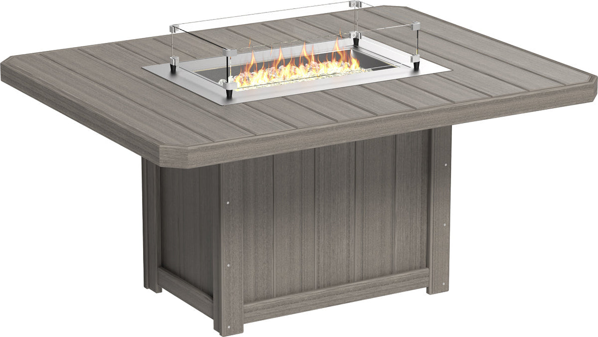 Rectangular fire table with a gray HDPE frame, stainless steel burner, and tempered glass wind guard.
