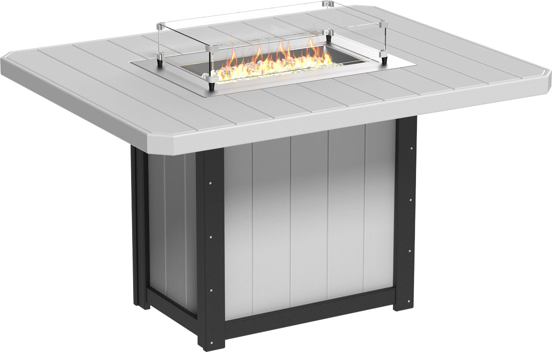 Rectangular counter height fire table with a stainless steel burner, protective glass wind guard, and weather-resistant poly lumber.