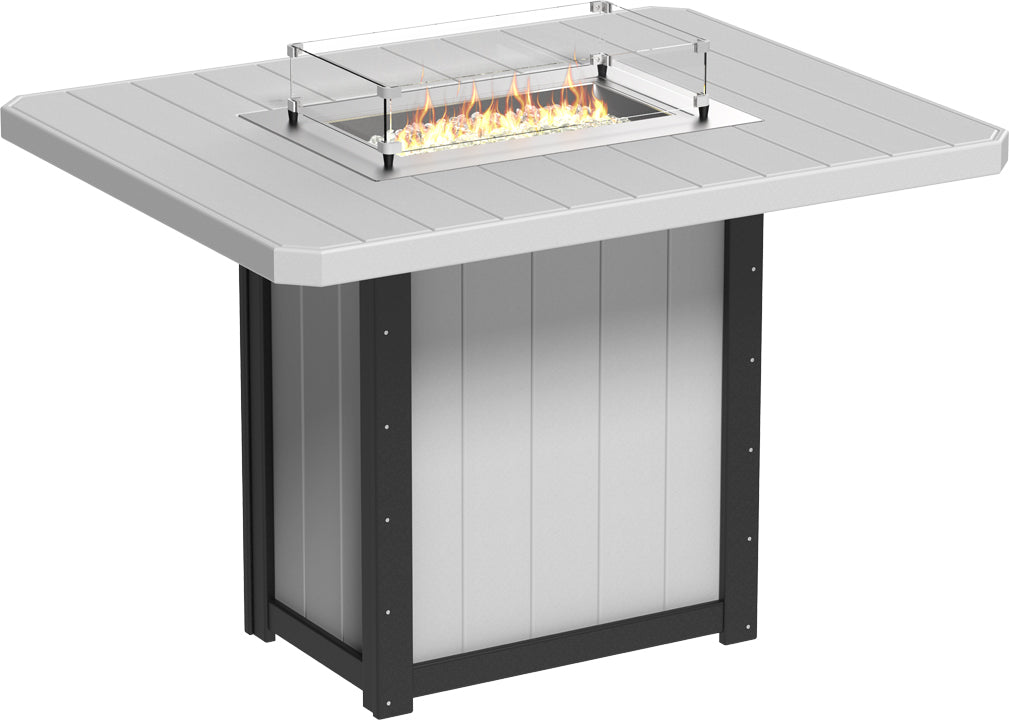 Rectangular bar-height fire table with a durable gray HDPE surface, stainless steel burner, and a glass wind guard.