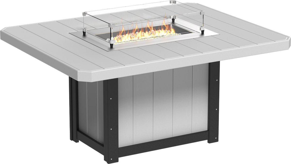Rectangular 62" fire table with a stainless steel burner, clear fire glass, and tempered glass wind guard, in gray.