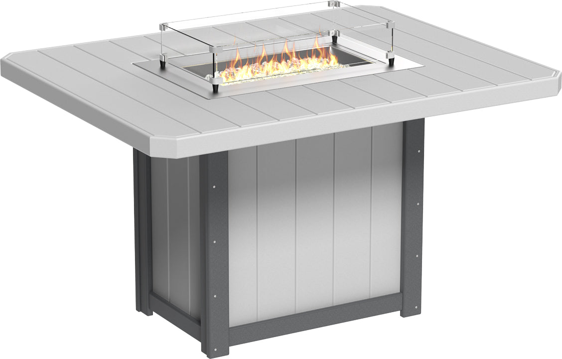 Rectangular 62" counter height fire table in gray HDPE, featuring a stainless steel burner and tempered glass wind guard.
