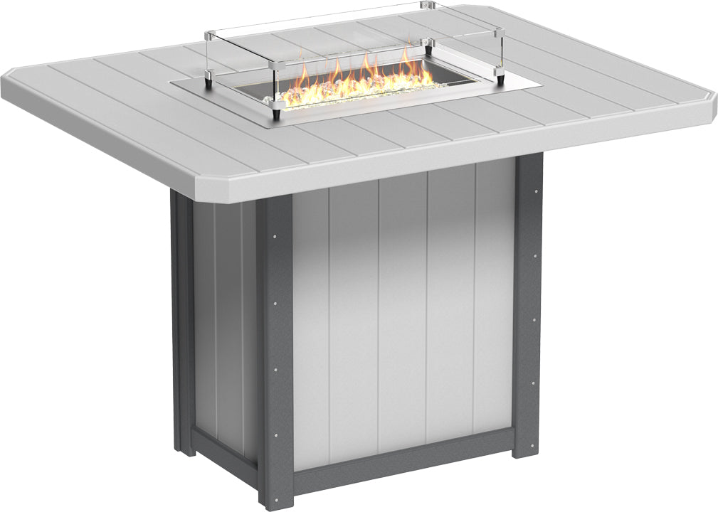 Rectangular bar-height fire table featuring a stainless steel burner and tempered glass wind guard, crafted from durable HDPE.