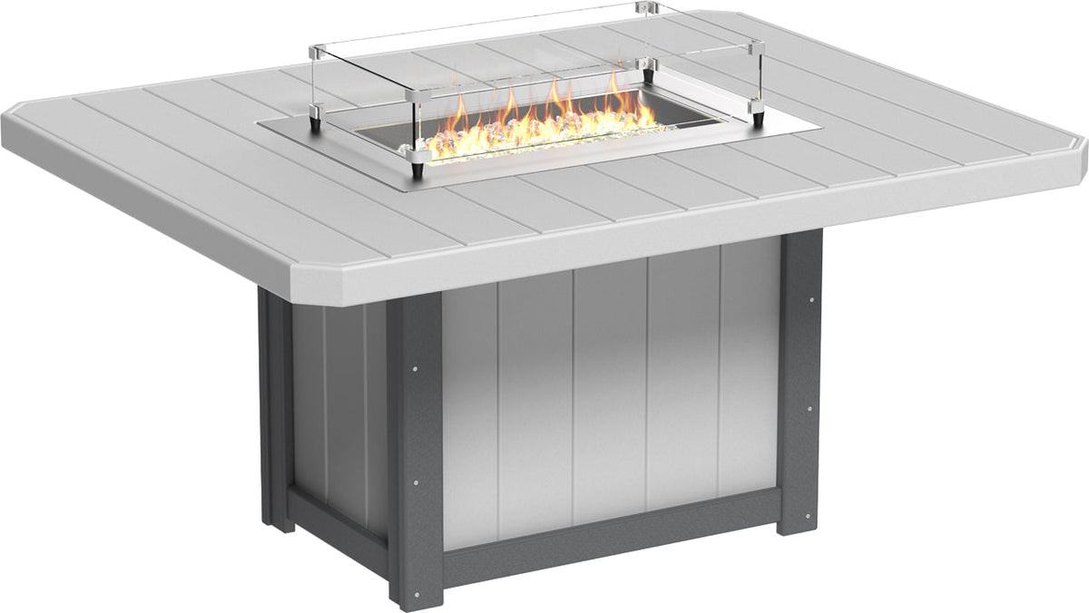62" rectangular dining height fire table with a stainless steel burner, tempered glass wind guard, and outdoor-friendly gray poly lumber.