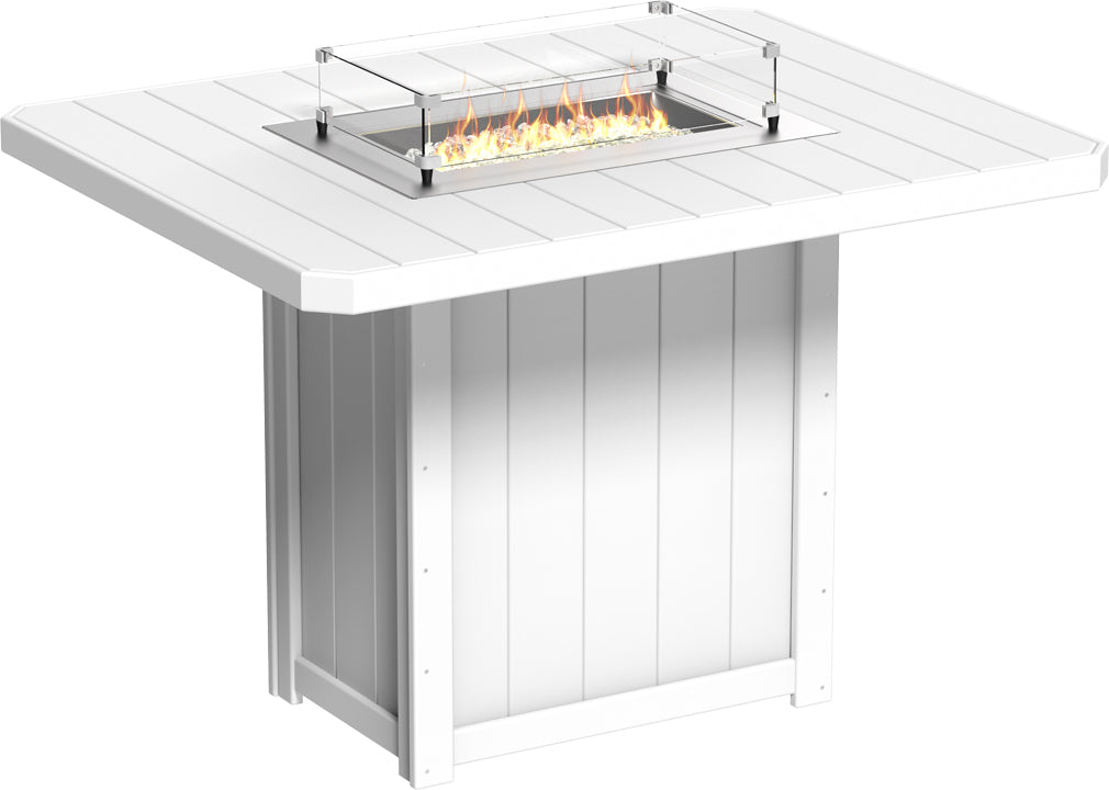LuxCraft Lumin 62" rectangular bar height fire table in white, featuring a stainless steel burner and glass wind guard.