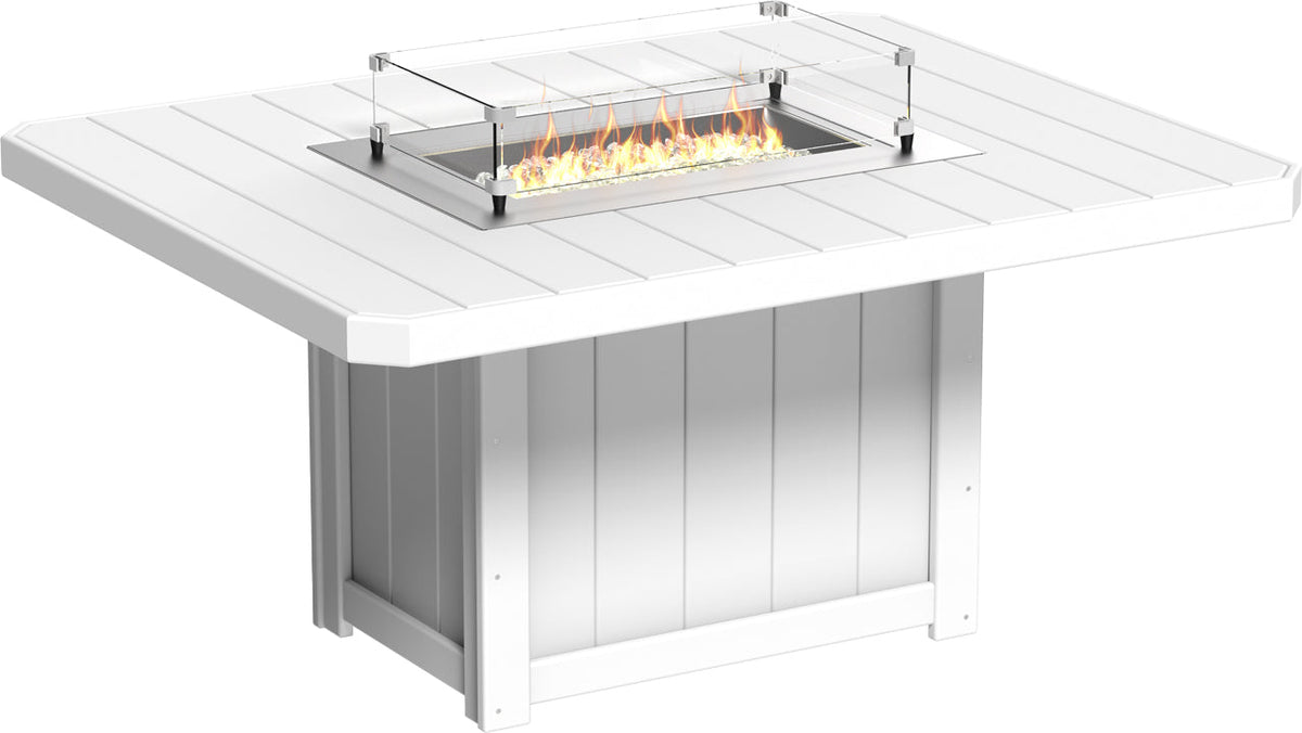 Rectangular white fire table with a central flame area and tempered glass wind guard, designed for outdoor dining.
