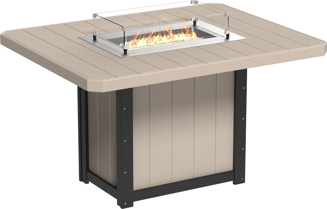 Rectangular counter height fire table in beige and black with glass wind guard, stainless steel burner, and fire glass.