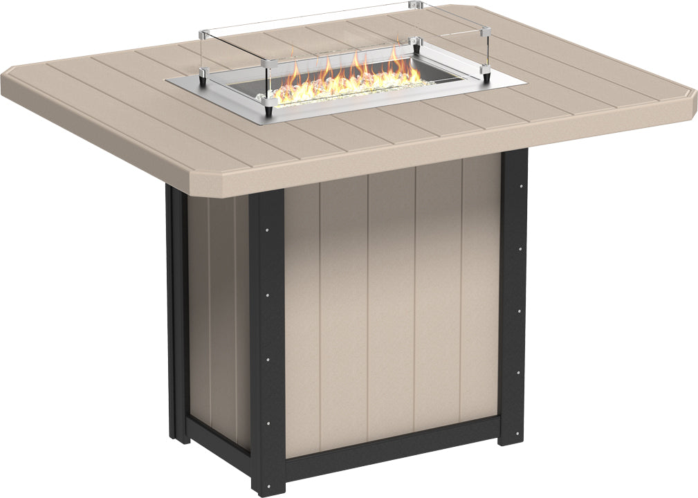 Rectangular bar height fire table with a beige HDPE surface, stainless steel burner, and tempered glass wind guard.