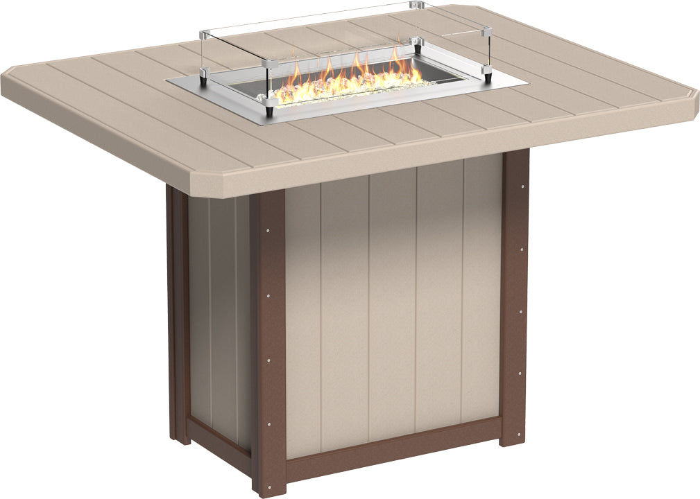LuxCraft Lumin 62" bar height fire table in tan and brown, featuring a stainless steel burner and clear glass wind guard.