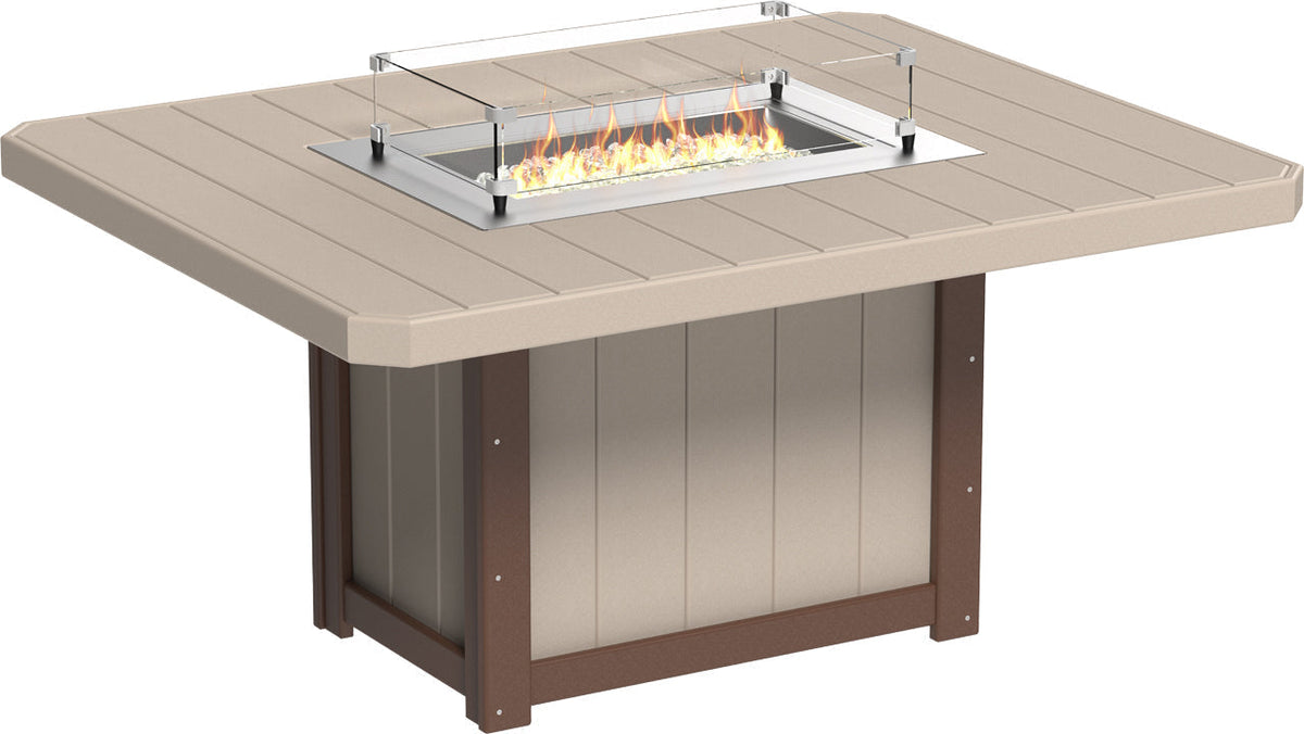 Rectangular dining height fire table with a beige top and brown base. Features a stainless steel burner and glass wind guard.