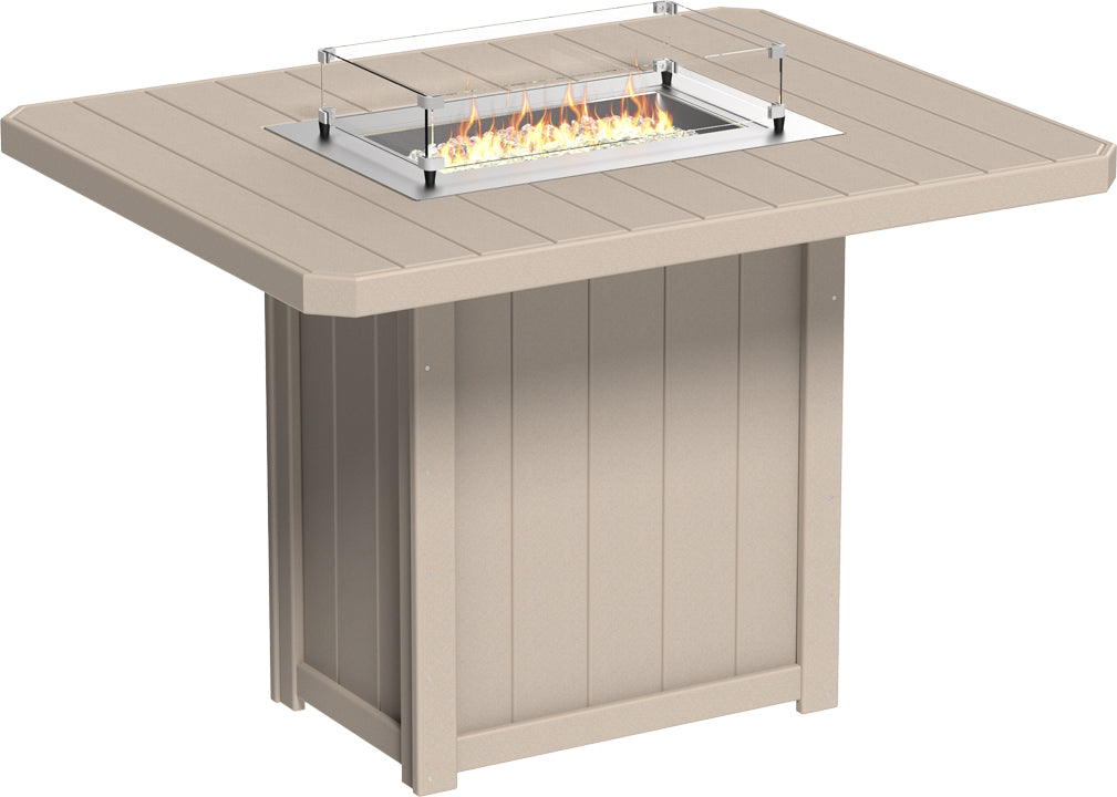 Lumin 62" rectangular bar height fire table in beige with a stainless steel burner and tempered glass wind guard.