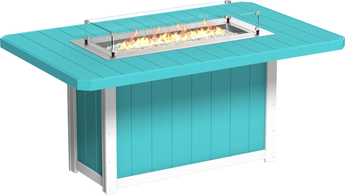 Rectangular 79" fire table in a vibrant turquoise color with a stainless steel burner and tempered glass wind guard.