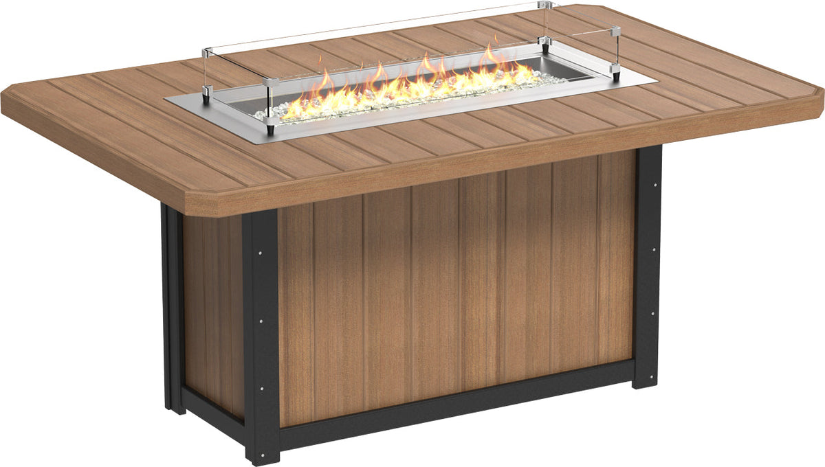 Rectangular counter height fire table with a brown poly lumber surface and stainless steel burner, includes glass wind guard.