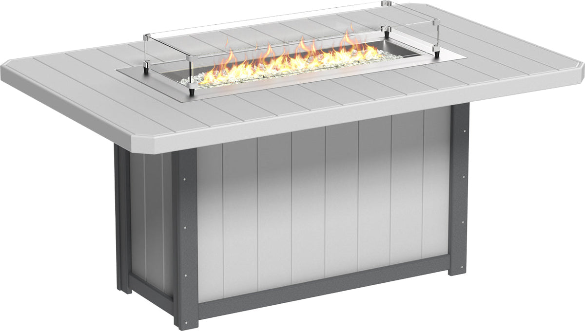 Rectangular counter height fire table featuring a stainless steel burner, surrounded by reflective fire glass.