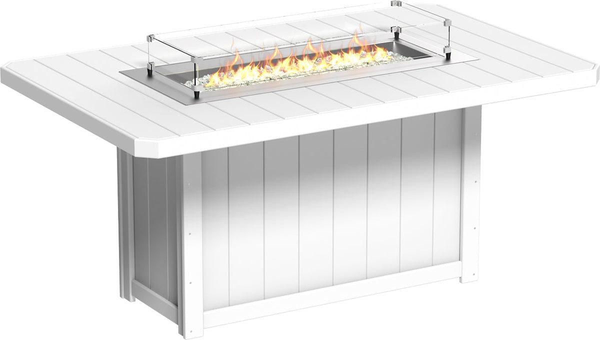 Rectangular white fire table with clear glass wind guard and colorful flames, made from weather-resistant HDPE material.