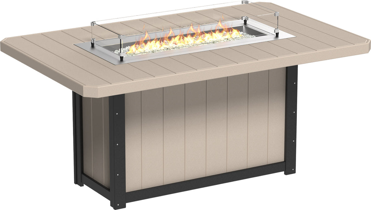 Rectangular counter height fire table with a beige HDPE surface, stainless steel burner, and glass wind guard on top.