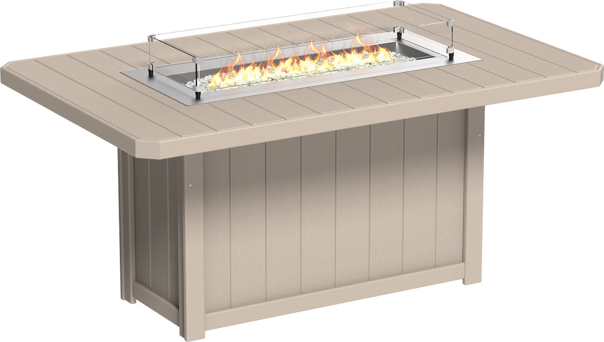 Rectangular 79" fire table made of beige HDPE poly lumber, featuring a stainless steel burner and tempered glass wind guard.