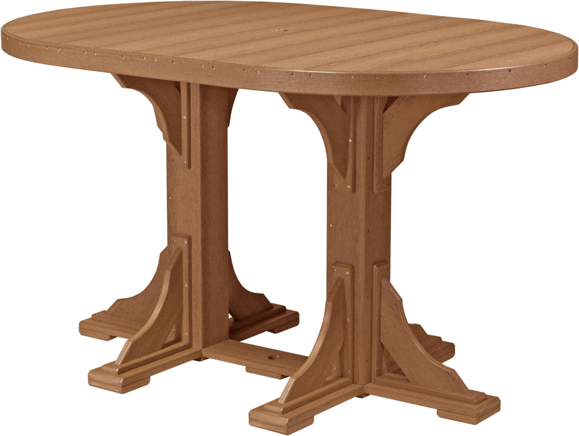 LuxCraft Deluxe Poly 4' x 6' oval dining table in a warm brown color, featuring sturdy pedestal legs and slatted top.