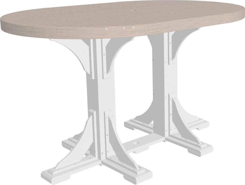 LuxCraft Deluxe Poly 4' x 6' oval dining table with a wood-like top and sturdy white legs, featuring a center umbrella hole.