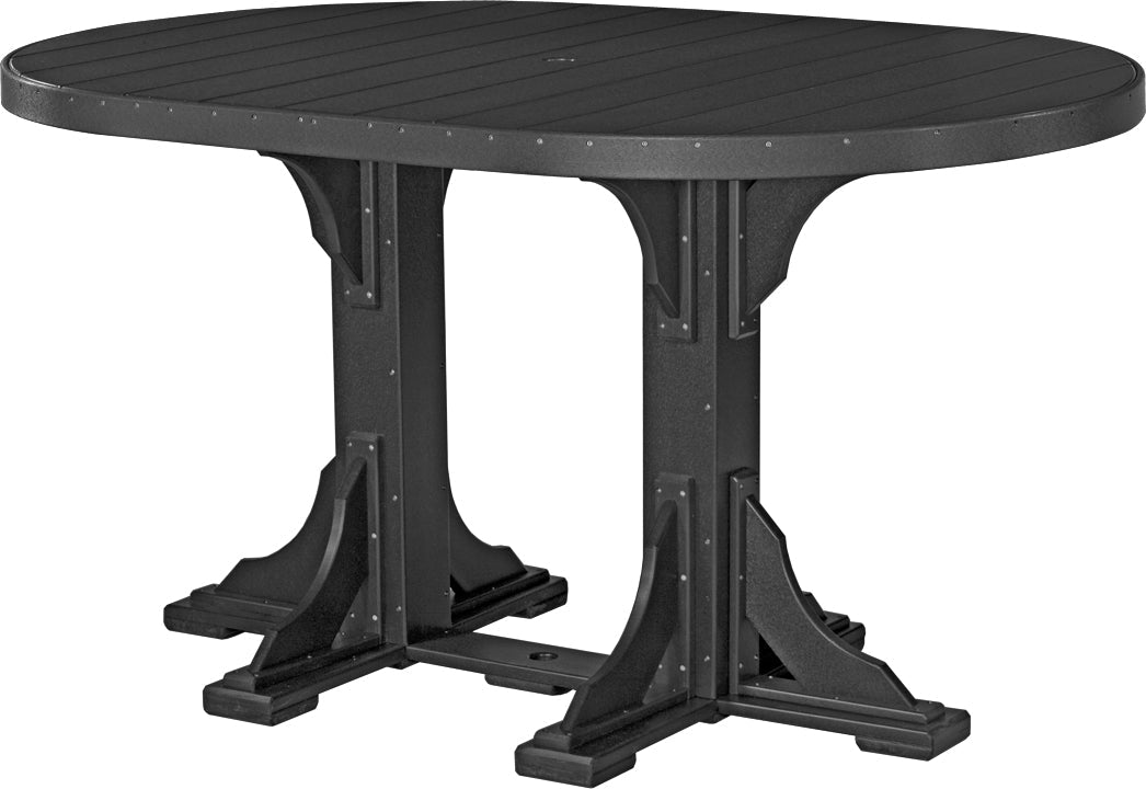 LuxCraft Deluxe Poly 4' x 6' oval dining table in black, sturdy construction with a built-in umbrella hole, seats six.
