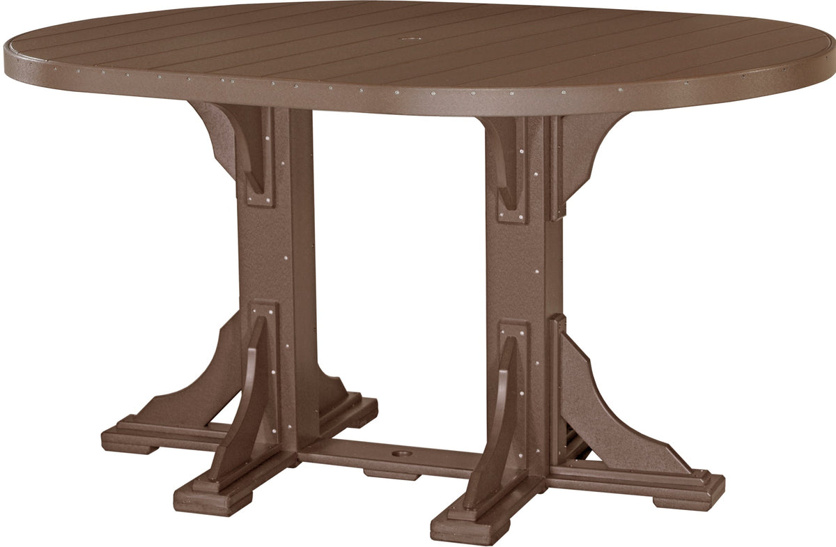 Elegant brown 4' x 6' oval table with planked surface and sturdy legs, featuring a center umbrella hole for shade.