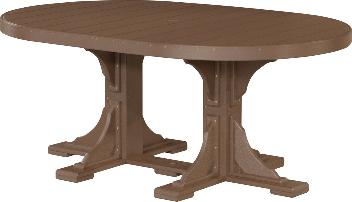 LuxCraft Deluxe Poly oval table set in brown features a smooth surface, sturdy design, and center umbrella hole for outdoor dining.