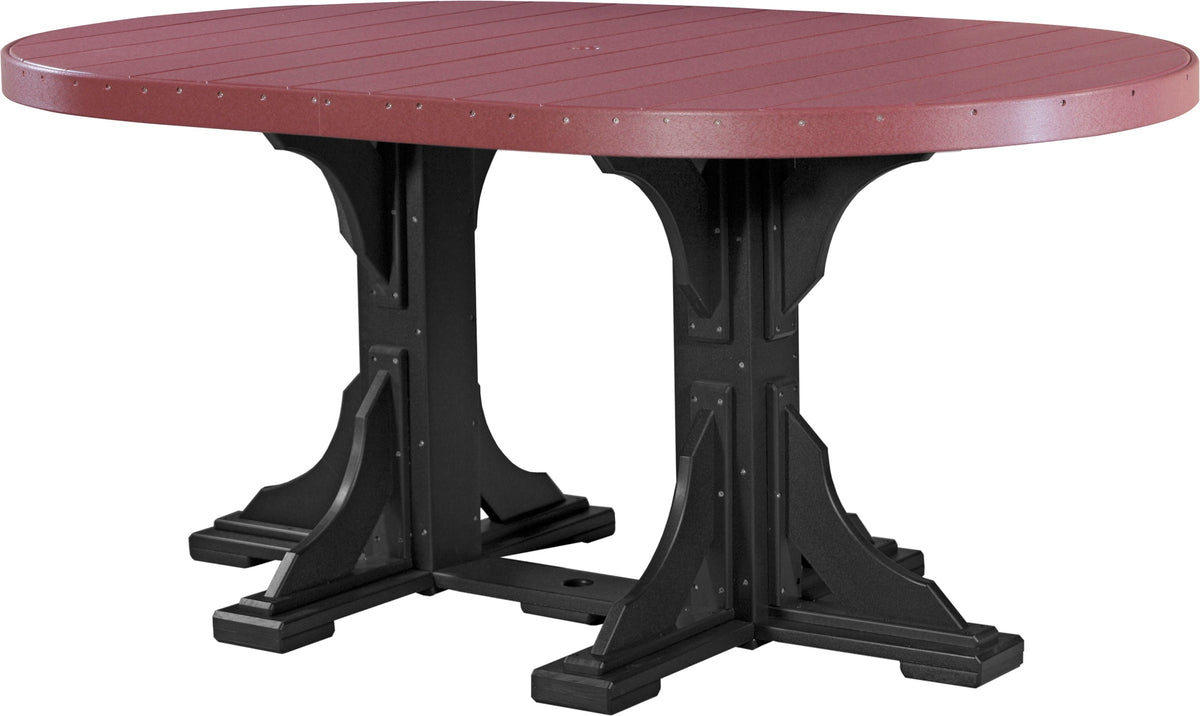 LuxCraft Deluxe Poly 4' x 6' oval dining table with a red top and black pedestal base, featuring an umbrella hole.