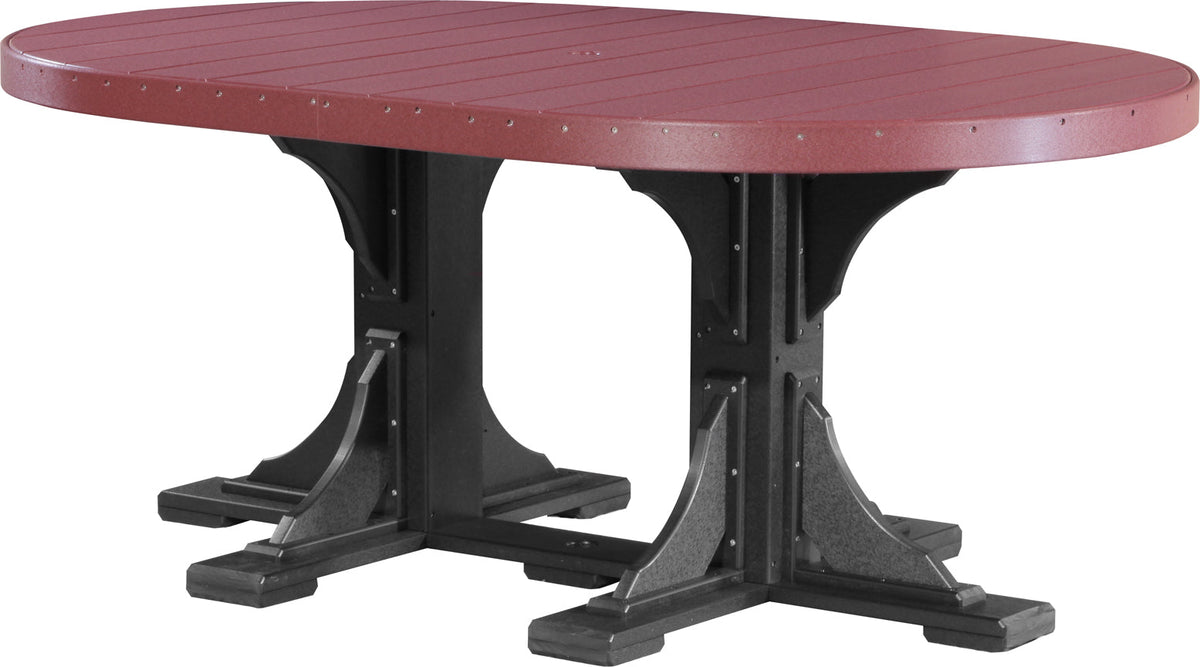 LuxCraft Deluxe Poly 4' x 6' oval dining table in burgundy with black supports, featuring a built-in umbrella hole.