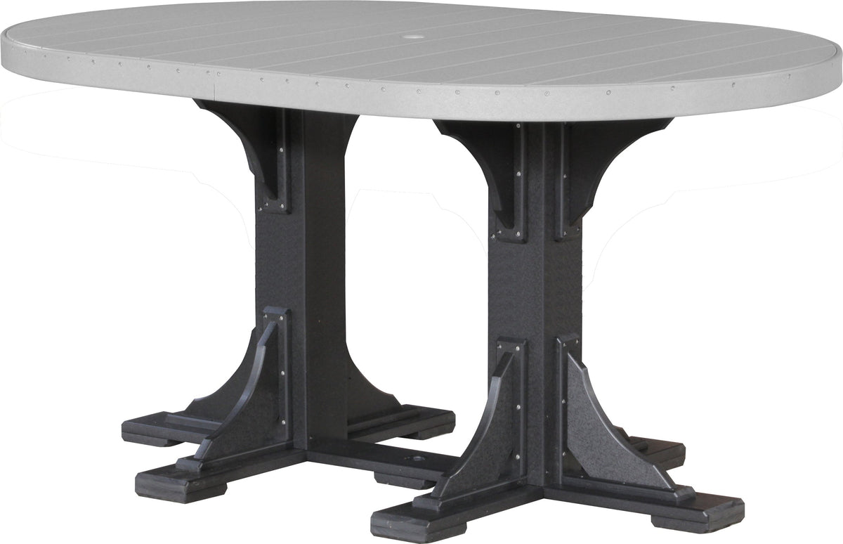 LuxCraft Deluxe Poly 4' x 6' oval dining table with a gray HDPE top and sturdy black base, featuring a center umbrella hole.