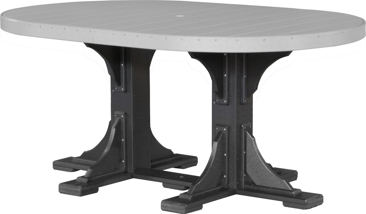 LuxCraft Deluxe Poly 4' x 6' oval dining table in gray with sturdy black bases, designed for six-person seating and includes an umbrella hole.