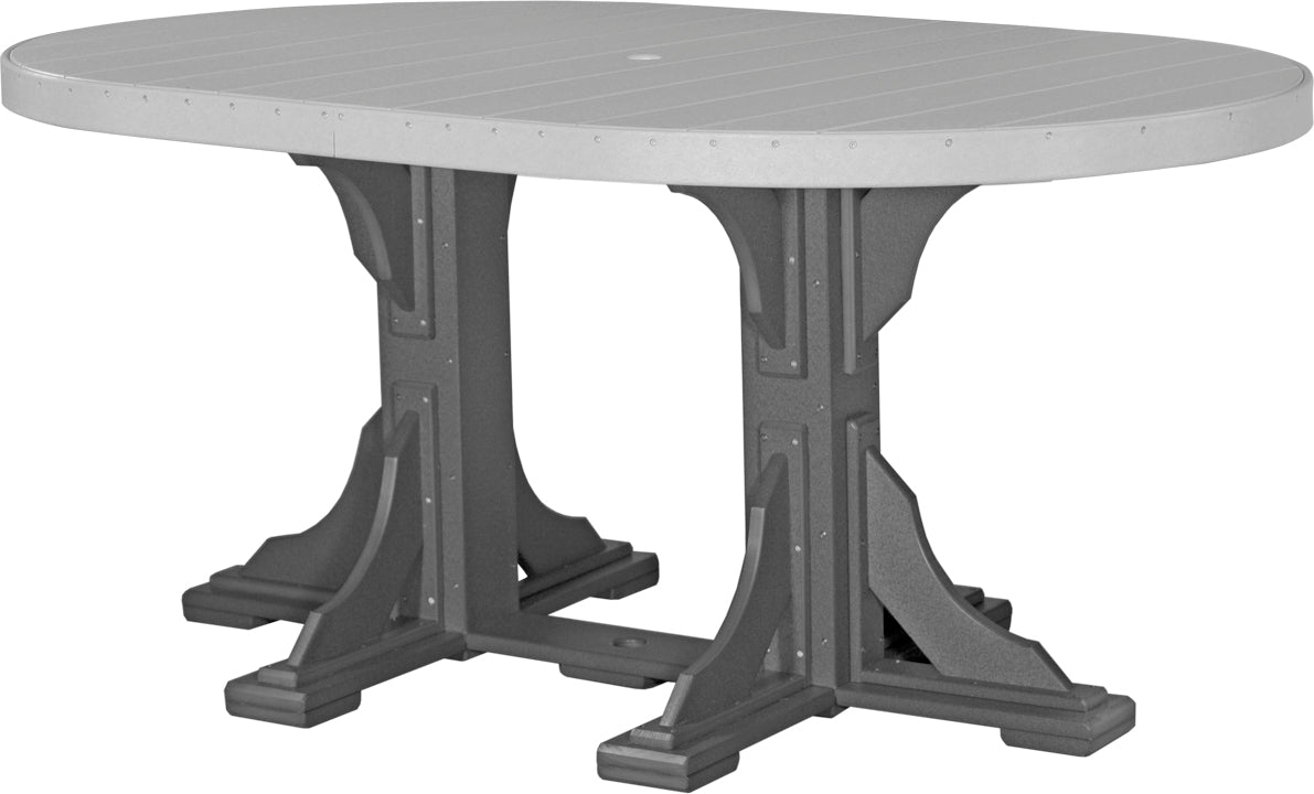 LuxCraft Deluxe Poly 4' x 6' oval table with a gray top and black sturdy base, featuring an umbrella hole at the center.