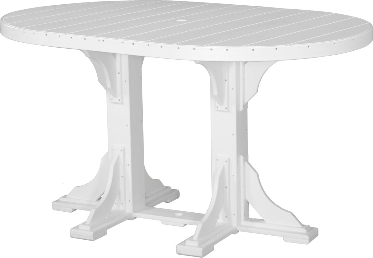 LuxCraft Deluxe Poly 4' x 6' oval table in white, featuring sturdy legs and a center umbrella hole for shade.