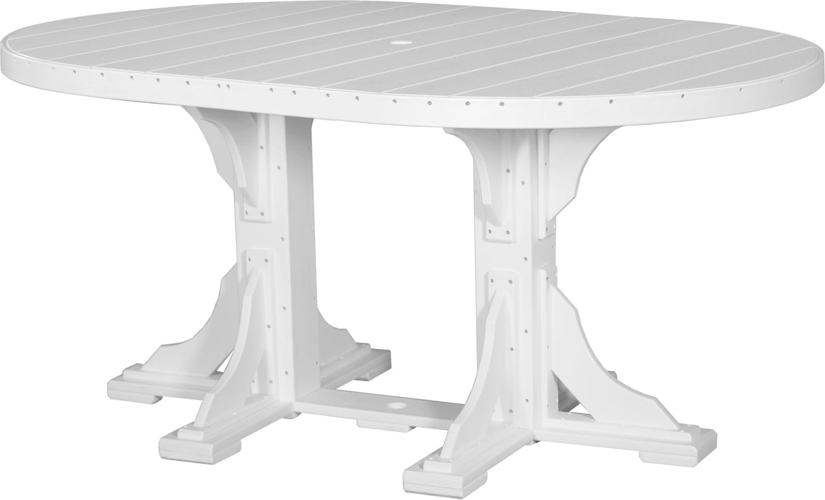 LuxCraft Deluxe Poly 4' x 6' oval dining table in white, featuring a built-in umbrella hole and sturdy marine-grade hardware.