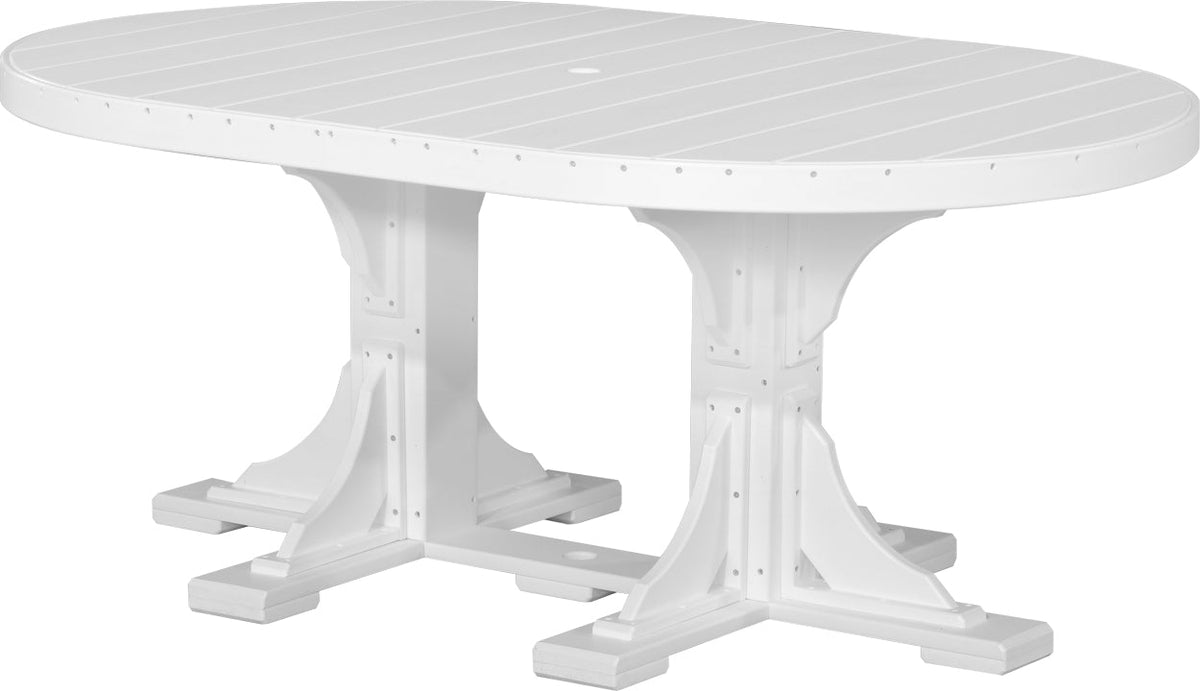 LuxCraft Deluxe Poly 4' x 6' oval dining table in white, featuring a smooth surface, sturdy legs, and a center umbrella hole.