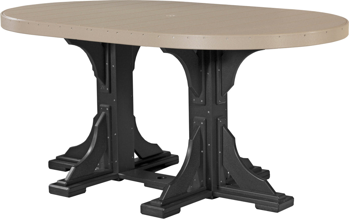 LuxCraft Deluxe Poly 4' x 6' oval table with a beige top and black base, featuring a built-in umbrella hole.