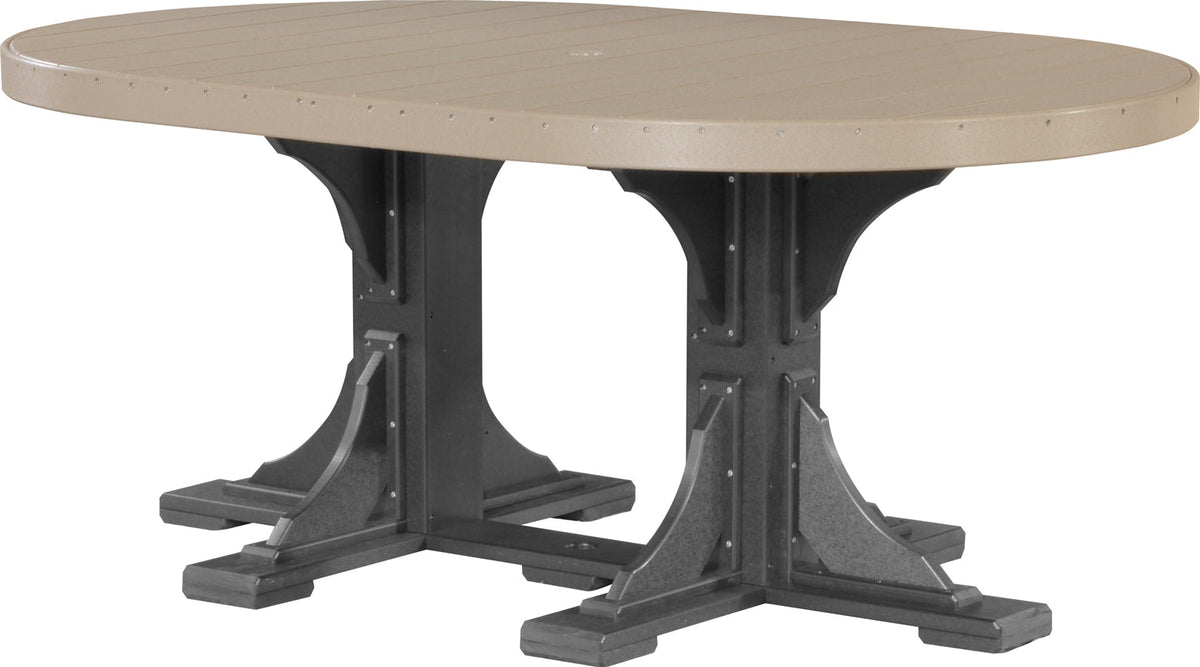 LuxCraft Deluxe Poly 4' x 6' oval dining table in beige, featuring sturdy black supports and an umbrella hole.