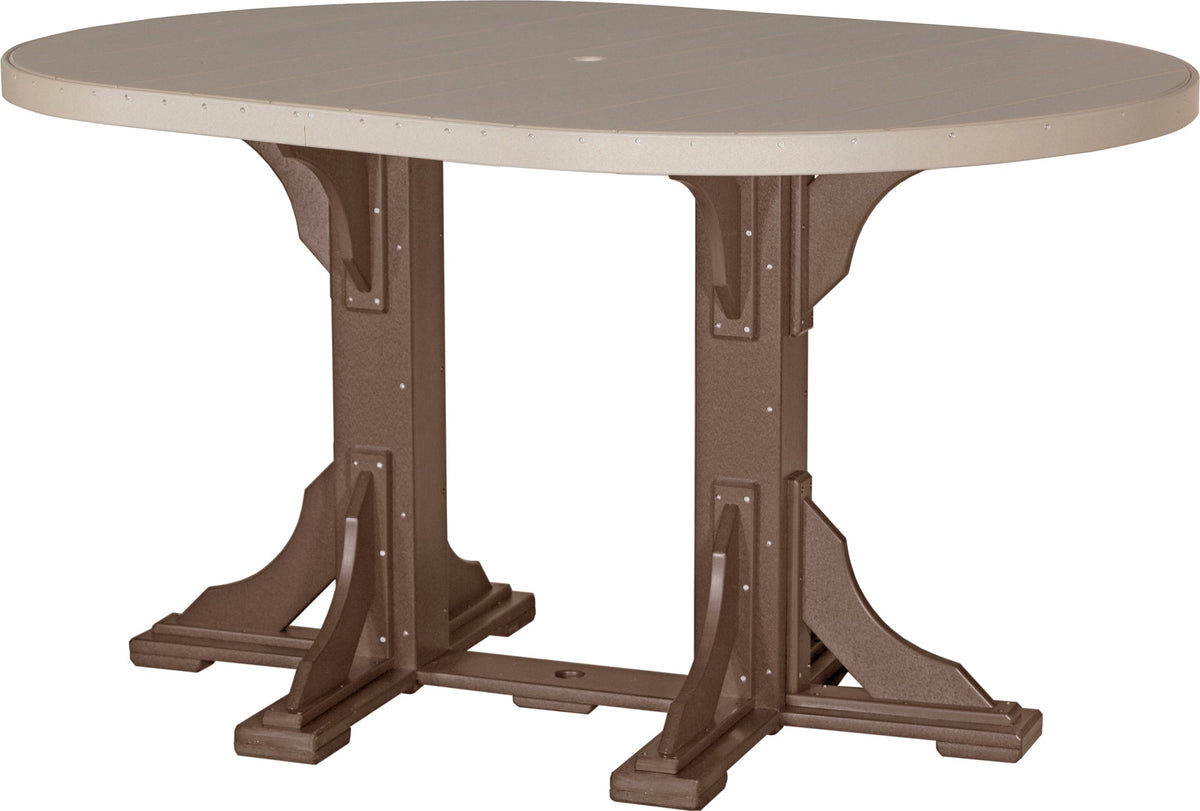 LuxCraft Deluxe Poly 4' x 6' oval dining table in light brown with a smooth top and sturdy brown legs, featuring an umbrella hole.