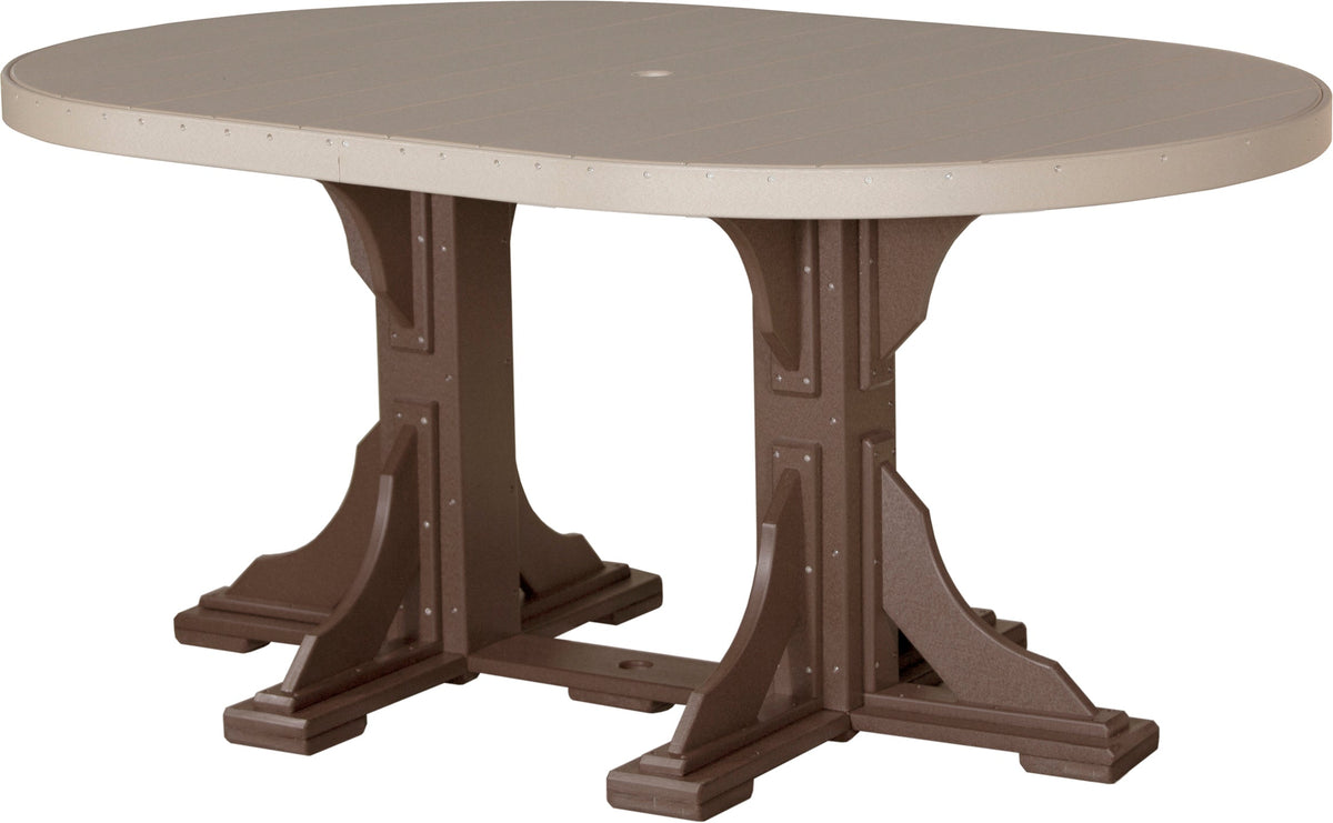 LuxCraft Deluxe Poly 4' x 6' oval dining table in brown and light beige, featuring a built-in umbrella hole and sturdy base.