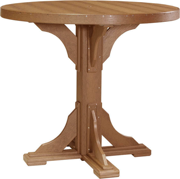 LuxCraft Deluxe Poly 48" round table in a warm brown finish, crafted from recycled HDPE, featuring a sturdy pedestal base.